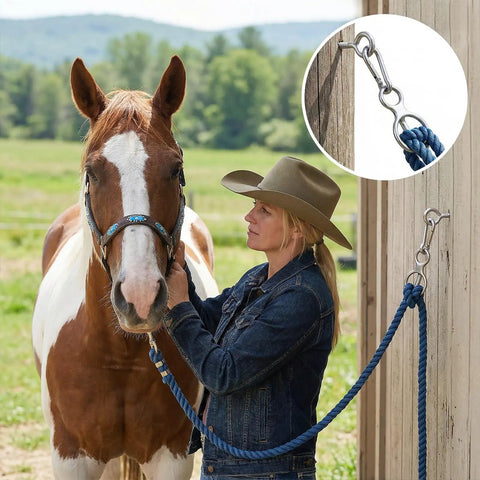 Woman using Two Pack Magnetic Horse Tie Ring Set With Stainless Steel Rings, Eye Bolt, And Quick Snap on a horse in stable