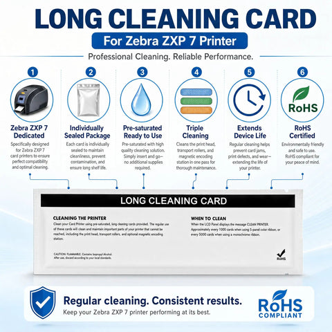 Long cleaning card for Zebra ZXP 7 printer, individually sealed, pre-saturated for effective printer maintenance.