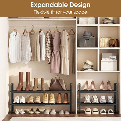 Adjustable Expandable Metal Shoe Rack For Closet Featuring Sturdy Mesh Shelves That Keep Ya Boots And Heels Straight Up Tidy Stackable Storage Organizer For Entryway Garage And Tiny Rooms In Matte Black Finish