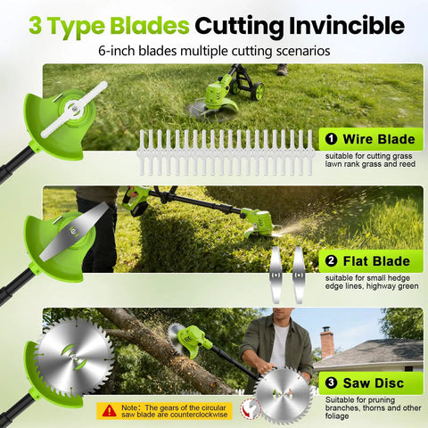 Cordless Weed Wacker With Wheels 4 In 1 Electric Weed Eater Brush Cutter Edger And Trimmer, blade types demonstration