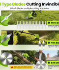 Three blade types for Cordless 4000mAh Weed Eater With Wheels 4 In 1 Lawn Tool, including wire, flat, and saw blades in use outdoors.