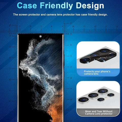Galaxy S22 Ultra Screen Protector And Lens Guard Bundle including 2 Screen Protectors and 2 Camera Lens Protectors, case friendly design