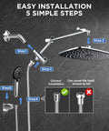 Front view of Veken chrome 11.8-inch rain shower head with handheld sprayer and metal extension arm.