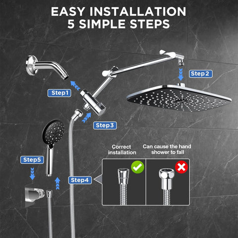 Front view of Veken chrome 11.8-inch rain shower head with handheld sprayer and metal extension arm.