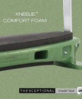 Close-up of green Ergonomic Garden Kneeler With Tush Pad And Handles For Pain Free Kneeling While Gardening Senior Friendly Versatile Garden Stool Kneeler Lightweight Yet Sturdy Made In USA showing cushioned seat and handle.
