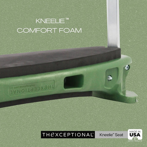 Close-up of green Ergonomic Garden Kneeler With Tush Pad And Handles For Pain Free Kneeling While Gardening Senior Friendly Versatile Garden Stool Kneeler Lightweight Yet Sturdy Made In USA showing cushioned seat and handle.