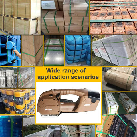 Heavy Duty Portable Electric Strapping Machine For 12-19 Mm PP PET Plastic Bands Handheld Automatic Baler Tool With Dual 6000 Mah Batteries securing various cargo and packages in warehouse settings.