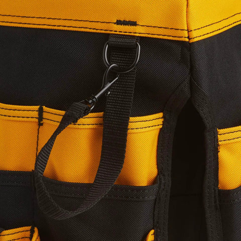 Close-up of black and yellow In And Out Bucket With 61 Pockets 36 Exterior Triple Row Pockets And 25 Interior Pockets Heavy Duty Tool Organizer.