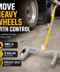 Rolling Wheel Dolly For Cars, Trucks, ATVs, Skid Steers And Trailers, A Workhorse With 485 Lb Capacity, Three Adjustable Rollers, Extra Long Rollers, Tire Lift And Removal Aid For Easy Wheel Changes. heavy wheel dolly with handle and rollers in garage