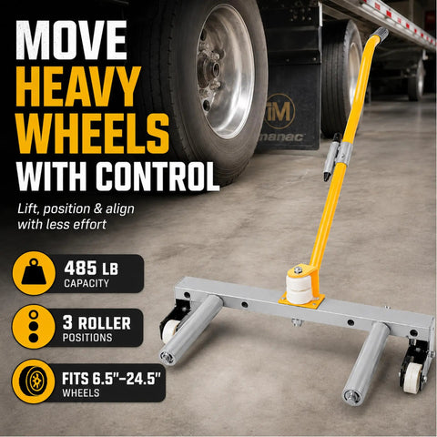 Rolling Wheel Dolly For Cars, Trucks, ATVs, Skid Steers And Trailers, A Workhorse With 485 Lb Capacity, Three Adjustable Rollers, Extra Long Rollers, Tire Lift And Removal Aid For Easy Wheel Changes. heavy wheel dolly with handle and rollers in garage