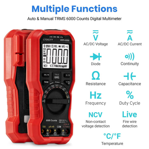 All In One Digital Multimeter True RMS 6000 Counts For AC DC Voltage And Current with functions display and red casing