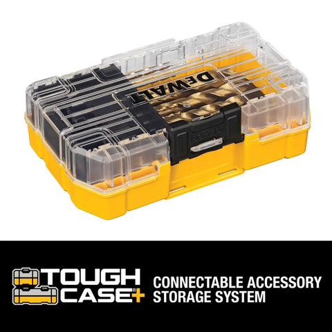DEWALT 14-piece titanium-nitride drill bit set in yellow ToughCase+ clear-lid storage box