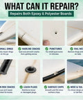 Image showing repairs of fiberglass surfboards including dings, cracks, and punctures with Premium Grade No Sweat Epoxy Putty Stick For Patching Fiberglass Surfboard And Paddleboard Dings Waterproof Quick Fix Adhesive Glue Molding Paste Repair Kit.