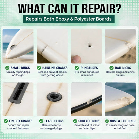 Image showing repairs of fiberglass surfboards including dings, cracks, and punctures with Premium Grade No Sweat Epoxy Putty Stick For Patching Fiberglass Surfboard And Paddleboard Dings Waterproof Quick Fix Adhesive Glue Molding Paste Repair Kit.