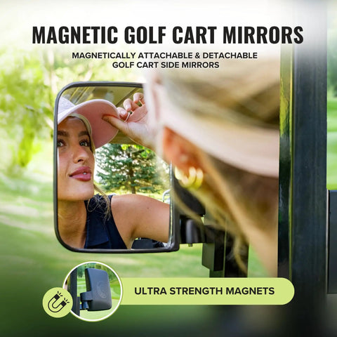 Magnetic Golf Cart Mirrors 2.0 No Drilling Ultra Strength Magnets Two Folding Side Mirrors reflection on golf cart
