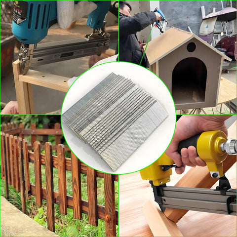 Heavy Duty 18 Gauge Brad Nails 5000 Count 1 1/4 Inch Length Galvanized Coating displayed in use with pneumatic nailer on woodworking projects.