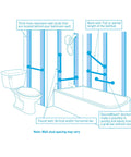 Diagram showing installation of 24 Inch Stainless Steel Bathroom Grab Bar In Polished Nickel with SecureMount Anchors over a bathtub and toilet.