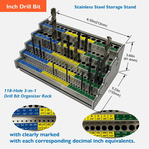 Premium Quality Industrial Grade Drill Bit Organizer Storage Box With 118 Precision Holes And Easy Reference Chart top view of stainless steel organizer with drill bit slots