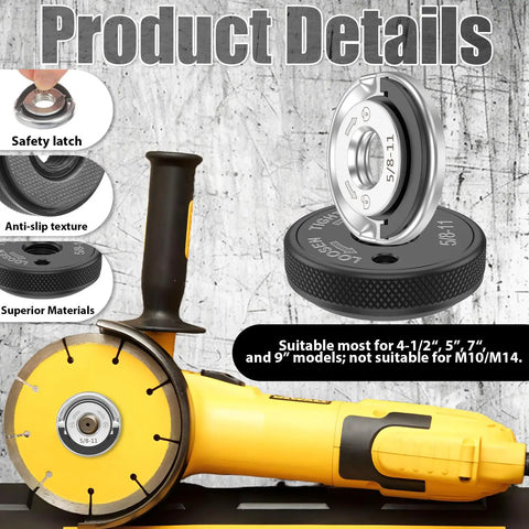 Dual Nut Set For Angle Grinders Five Eighths Inch By Eleven Threads Per Inch Quick Release Pro Grade Locking Kit displayed with grinder