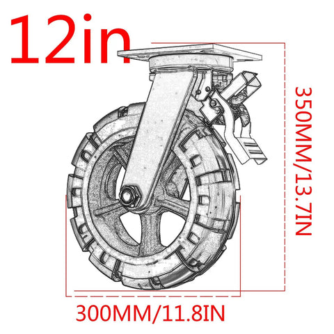Heavy Duty Rubber Swivel Caster Set Of 4 With Secure Wheel Brake For Moving Heavy Equipment And Industrial Carts Built Tough As Nails To Roll Smooth 12-inch wheel design