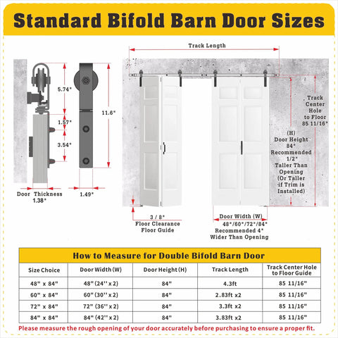 Standard Bifold Barn Door Sizes diagram, 84 inch height, showing track length and dimensions for Smooth Glide Bi Fold Barn Door 84 Inch Tall Pre Built Six Panel Closet Slab With Heavy Duty Tracks And Zero Hassle Rail Kit For Tight Corners Bright White Finish Absolute Game Changer.