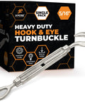 Five Sixteenths Inch Hook And Eye Turnbuckle Beefy Heavy Duty Galvanized Steel Tensioner in front of product packaging