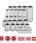 Beefy Socket And Ratchet Tool Set With Extensions And Deep And Shallow Sockets Organizer Tray 54 Piece Three Eighths Inch Pro Tech Series Chrome Vanadium Steel Drop Forged Mirror Finish ANSI Standard showing chrome shallow and deep sockets