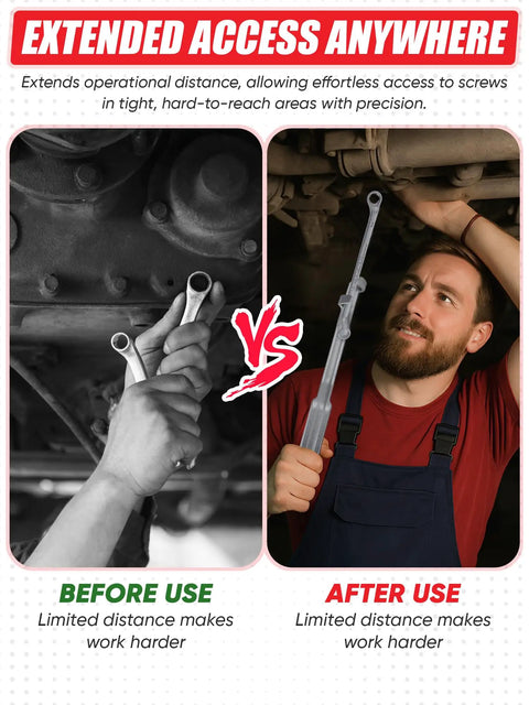 Comparison of wrench work without and with Wrench Extender Tool Set With 15 Inch Bar And Adapter Heavy Duty Forged Steel 2 Piece Design For High Torque Jobs Extended Reach For Automotive Garage And Home Repairs Pro Grade.