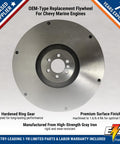 Beefy 153 Tooth Marine Flywheel For 2.5L And 3.0L 4 Cylinder Engines From 1990 To 1997 12.75 Inch Diameter External Balance Steel OEM Replacement With Manual Transmission, shown with text about features and specs