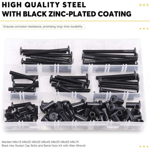85 Piece M6 Hex Socket Cap Bolts And Barrel Nuts Set With 7 Sizes 16 25 35 45 55 65 75mm Includes 42 Bolts 42 Nuts And Hex Key Built For Belt Buckles Leather Furniture Crib And Binding Posts in a plastic organizer