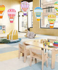 Classroom decor with 60 Colorful Hot Air Balloon Paper Cutouts With 120 Glue Dots, 6 Styles, 4.8 x 7.2 Inch Name Tags hanging from ceiling.
