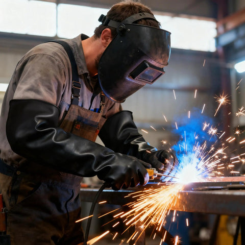Heavy Duty Chemical Resistant Rubber Gloves With Killer Anti Slip Grip Long Cuff Workhorse Grade Industrial Safety Gear Built Tough As Nails For Daily Grinds And Hazardous Messes On The Worksite, worn during welding.