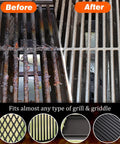Before and after using Bristle Free Grill Brush With Scraper For Outdoor Grilling Steam Cleaning Kit Safe Extended Anti Scald Handle Deep Clean BBQ Brush For Gas Charcoal Smoker And Griddle Grill Boss Gift For Men Dad showing clean grill grates.
