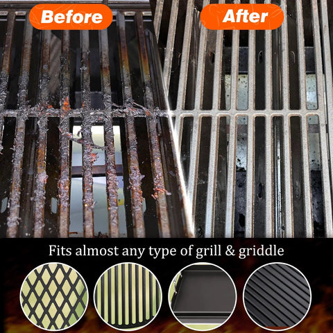 Before and after using Bristle Free Grill Brush With Scraper For Outdoor Grilling Steam Cleaning Kit Safe Extended Anti Scald Handle Deep Clean BBQ Brush For Gas Charcoal Smoker And Griddle Grill Boss Gift For Men Dad showing clean grill grates.