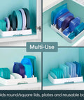 Big Kitchen Cabinet Lid Organizer With Five Adjustable Dividers Gonna Keep Your Pantry Straight No Sweat Sorting Tray For Food Containers Slick Kitchen Helper White in a cabinet holding various lids.