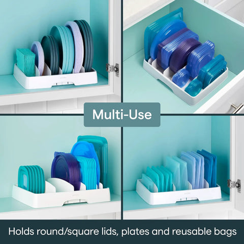 Big Kitchen Cabinet Lid Organizer With Five Adjustable Dividers Gonna Keep Your Pantry Straight No Sweat Sorting Tray For Food Containers Slick Kitchen Helper White in a cabinet holding various lids.
