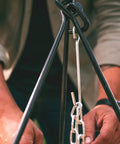 Close-up of chain detail on Rugged Heavy Duty Steel Camping Tripod For Open Fire Cooking 43.3 Inch Tall Stable 3 Leg Stand