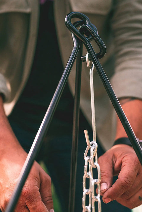 Close-up of chain detail on Rugged Heavy Duty Steel Camping Tripod For Open Fire Cooking 43.3 Inch Tall Stable 3 Leg Stand