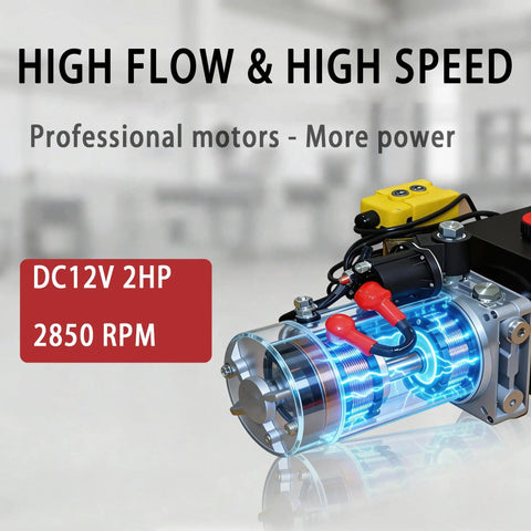 12 Quart Single Acting Hydraulic Pump Power Unit 12 Volt DC 2850 RPM 2.1cc Per Rev Beefed Up Built To Last Heavy Duty Corrosion Resistant Pump With SAE Six Connector For Dump Trailer Or Car Lifting