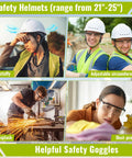 Solid Tradesman Kit Featuring 18 Piece Suspension Hard Hats In Clean White And Safety Yellow Paired With High Vis Mesh Reflective Vests Plus Premium Anti Fog Goggles For The Daily Grind showing adjustable helmets and anti-splash goggles.