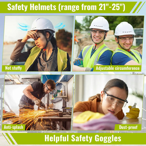 Solid Tradesman Kit Featuring 18 Piece Suspension Hard Hats In Clean White And Safety Yellow Paired With High Vis Mesh Reflective Vests Plus Premium Anti Fog Goggles For The Daily Grind showing adjustable helmets and anti-splash goggles.