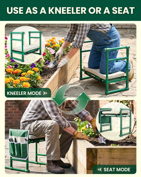 Beefy 500LB Capacity Garden Kneeler And Seat Two In One Garden Bench Foldable Stool with soft pad, shown in use for gardening.