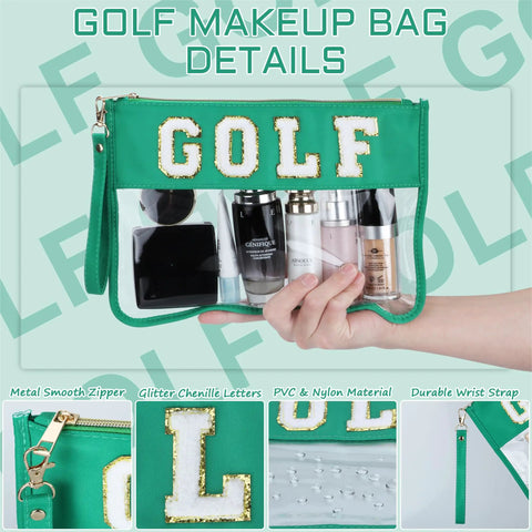 Golf Gifts Must Have Cosmetic Makeup Bag With Chenille Patch Clear PVC Organizer Pouch Waterproof Travel Bag Portable For Women Go To Toiletry Storage Set For Her Girls Friends, showing a green bag with GOLF chenille patch and clear sections.