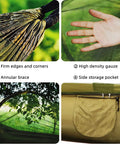 Close-up of features of Outdoor Camping Hammock With Mosquito Net And Bug Net Dope 13 Foot Parachute Nylon Hammock, Green.