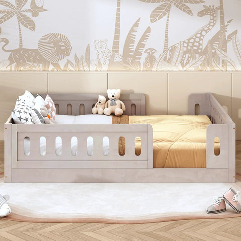 Full Size Wood Bed Frame With Safety Guardrail For Kids in natural pine with cozy play space, featuring stuffed toys and pillows.