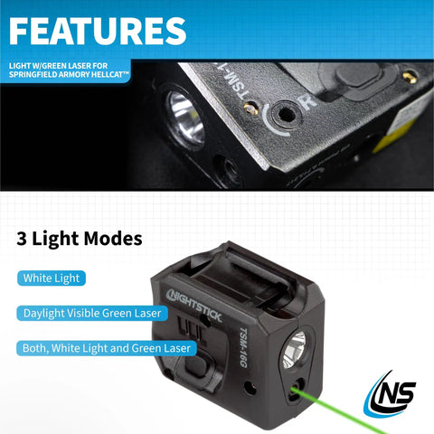 150 Lumen Rechargeable Tactical Light With Green Laser Sight For Springfield Hellcat Pistols IPX4 shown with three light modes