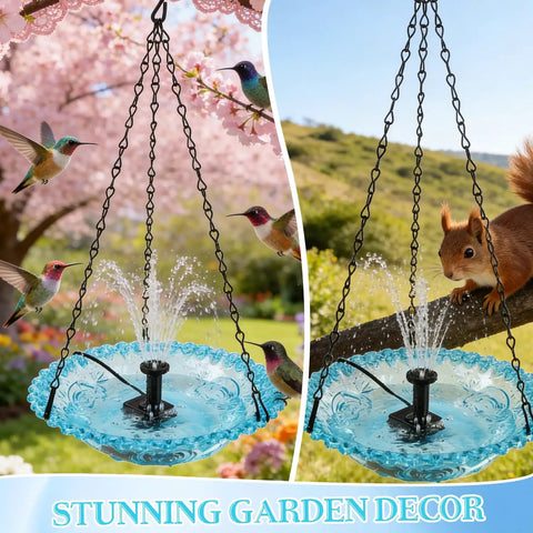 Hanging Bird Bath Fountain With Glass Bowl, USB Powered Cascading Water Feature, outdoor, attracting birds, garden view