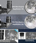 Dope 90mm Refractor Telescope For Adults With 1000mm Focal Length showing eyepieces and lunar views at different magnifications
