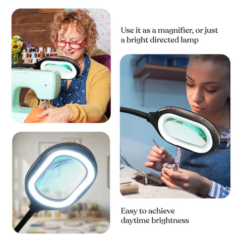 LightView Pro Magnifying LED Desk Lamp With Flexible Gooseneck And 3 In 1 Magnifier in use for sewing and crafting details.