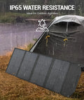 120W Portable Solar Panel Charger With PD45W QC3.0 Fast Charge USB C And USB A Outputs in rain, near tent showing water resistance